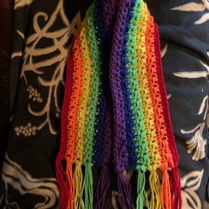 NEW hand crocheted variegated scarf. 5x40” childs pride Rainbow colors.